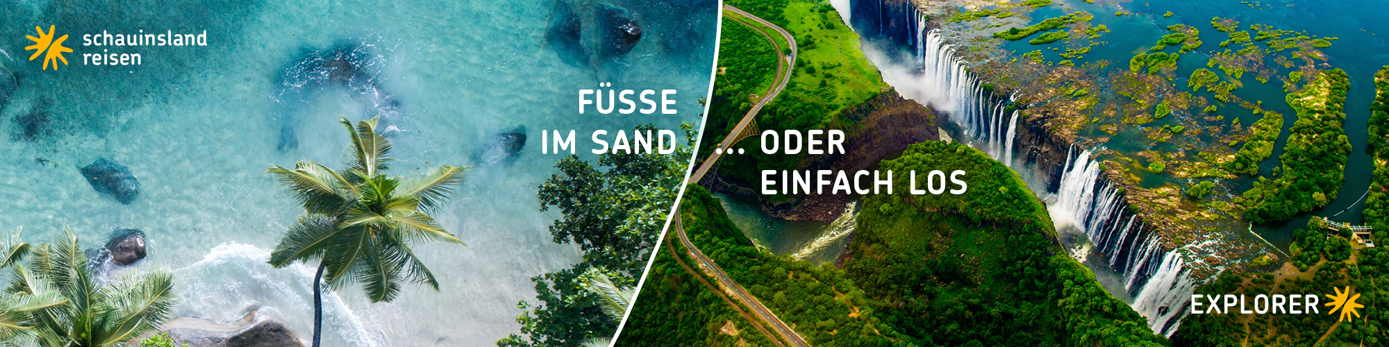 schauinsland zeigt ein türkises Meer mit tropischem Sommerfeeling und fragt,: "Füsse in den Sand ... oder einfach los?" mit Explorer die Natur entdecken.